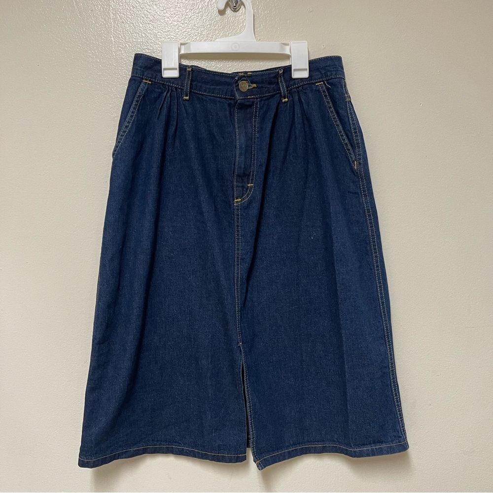VTG Lee Denim Jean Midi Skirt Modest Prairie Pleated Sz 13 80’s Cottage Core